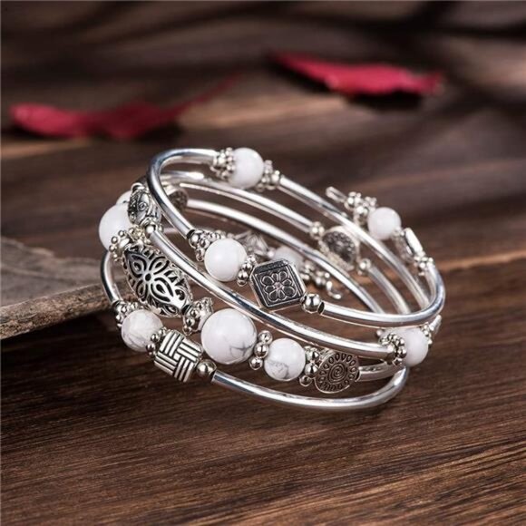 Layered Silver Wrap Bracelet - Beaded Bangle with Natural Agate Stone, Gifts - Picture 2 of 7